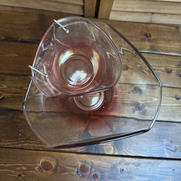 Vintage Ombré Pink Glass Chip and Dip Serving Bowl Set with Metal Stand - Picture 3 of 6